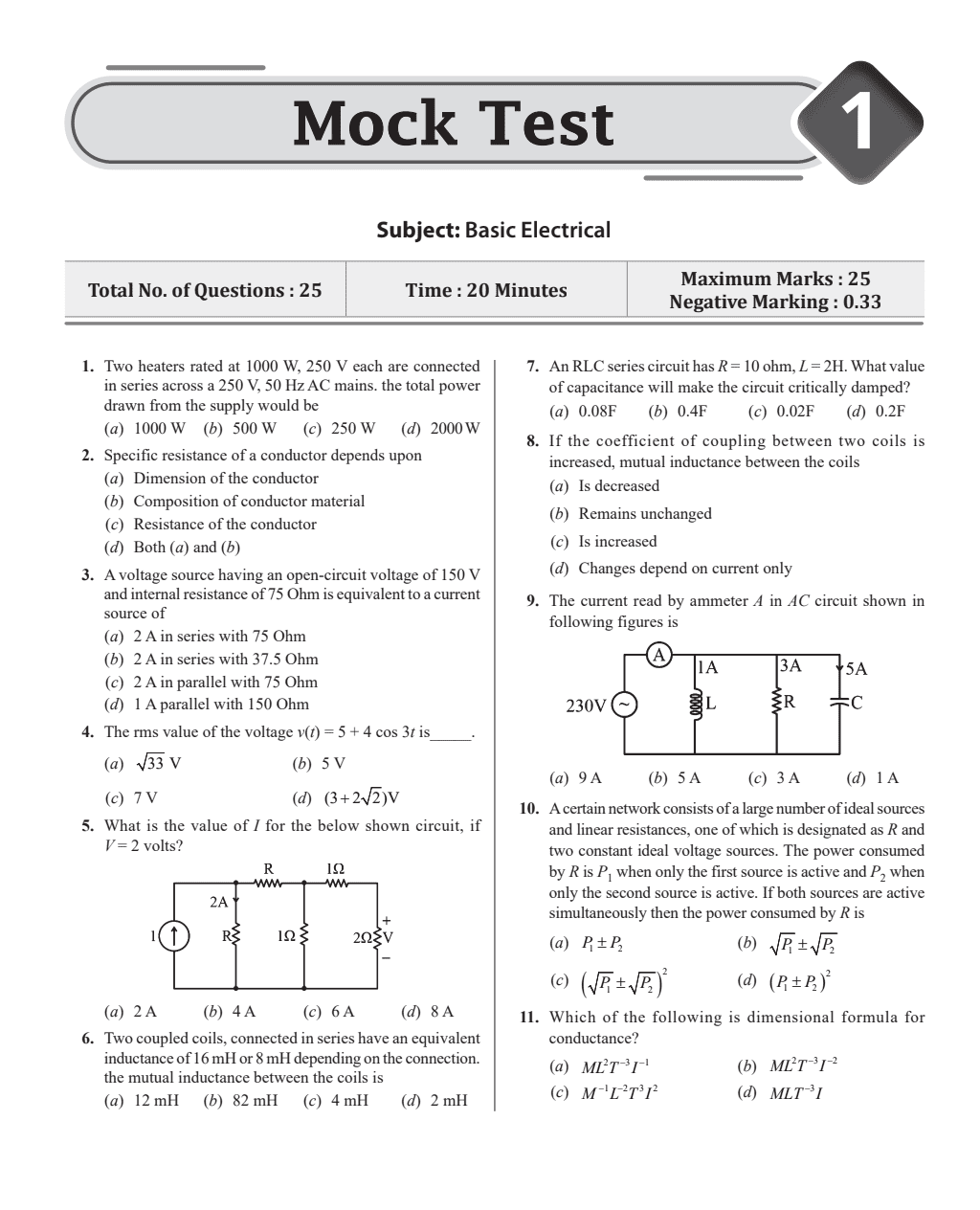 SSC JE Mock Test Electrical Paper- I, 6 Subject wise Mock tests and 5 Full length Tests, Fresh 1200+ Questions based on new SSC JE exam pattern