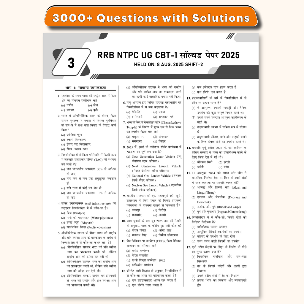 RRB NTPC Undergraduate 30 Previous Year Solved Papers CBT-1 2025 (PYQ) Hindi Medium | 3000+ Questions | 3 Online Mock Tests for Exam 2026