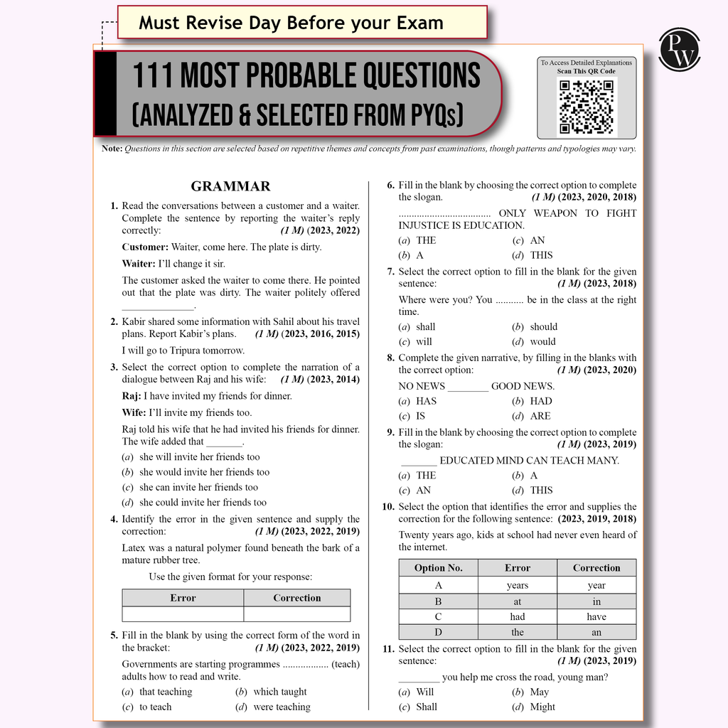 PW 15 CBSE Class 10 Sample Papers English for 2026 Board Exam (As Per Latest SQP Dated 30 July 2025) | Mind Maps with 111 Most Probable Questions