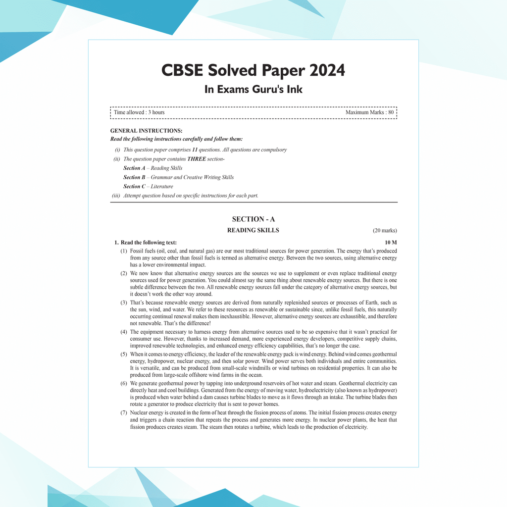 CBSE 15 Sample Question Papers Class 10 English for 2025 Exam | Competency-Based Learning | PYQ 2024 with Topper's Explanations, CBSE SQP & CBSE Practice Questions