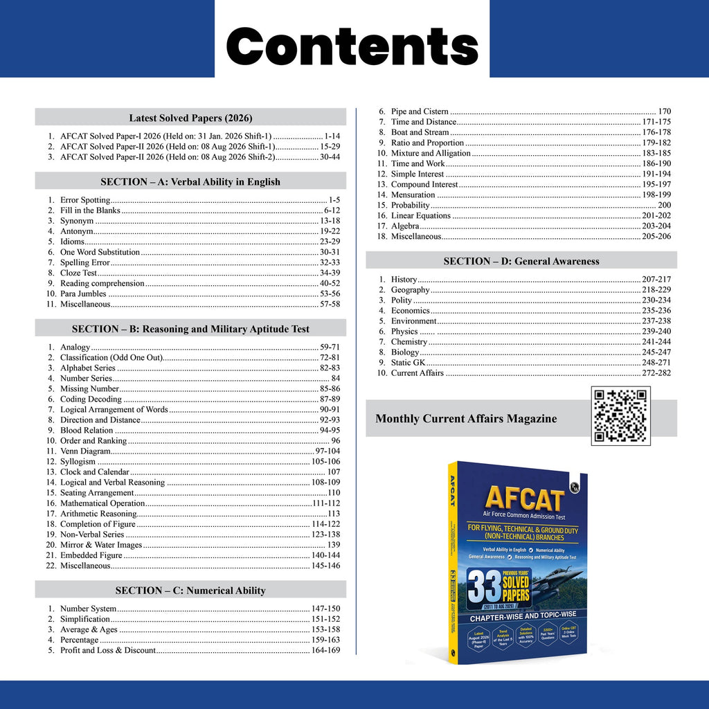 AFCAT 33 Previous Years’ Solved Papers (2011 to Aug 2026) For Exam 2027 | Chapterwise & Topicwise 3300 PYQs For Flying, Technical & Ground Duty (Non-Technical) Branches with 3 Online CBT Tests