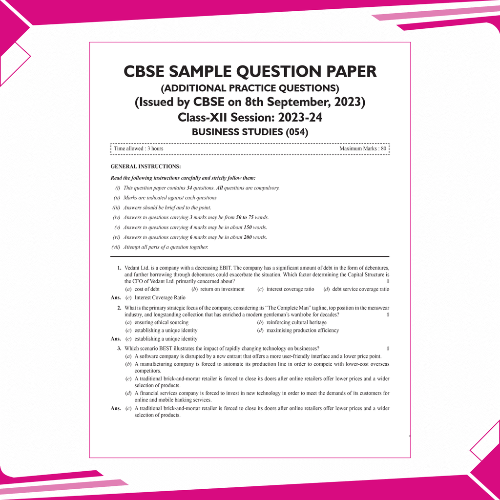 CBSE 15 Sample Question Papers Class 12 Business Studies for 2025 Exam | Competency-Based Learning | PYQ 2024 with Topper's Explanations, CBSE SQP & CBSE Practice Questions