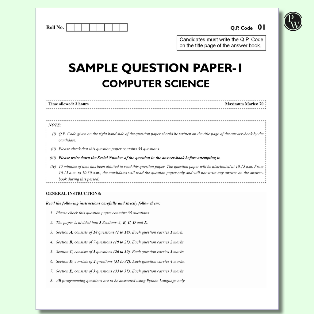 CBSE 12  Sample Question Papers Class 12 Computer Science For 2026 Board Exam (As Per Latest SQP Dated 30 July 2025) | 2024, 2025 Solved Paper, Mind Maps, Stepwise Marking