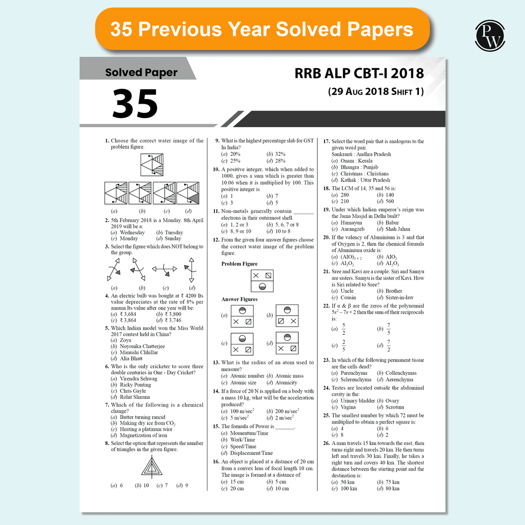 PW 35 RRB Assistant Loco Pilot (ALP) CBT-1 PYQ Previous Year Solved Papers (2024 & 2018) with 5 Online Mock Tests For Exam 2025-2026 | Fully Solved PYQ | English Edition