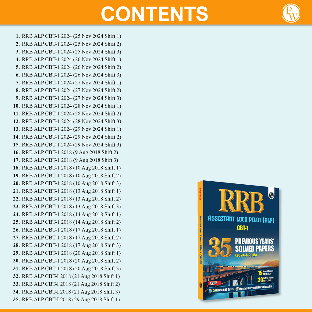 PW 35 RRB Assistant Loco Pilot (ALP) CBT-1 PYQ Previous Year Solved Papers (2024 & 2018) with 5 Online Mock Tests For Exam 2025-2026 | Fully Solved PYQ | English Edition