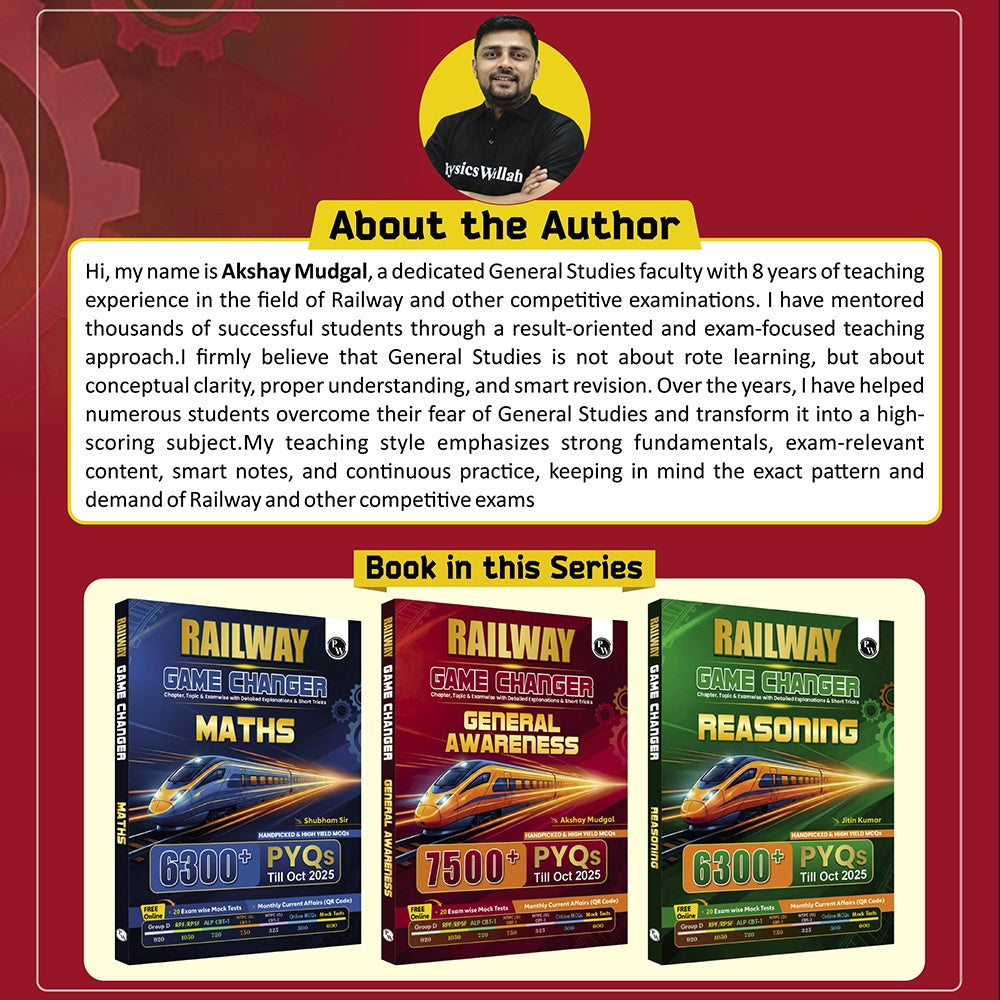 PW Railway Game Changer General Awareness PYQ 7500+ TCS MCQ By Akshay Sir For 2026 Exams | Chapter, Topic & Exam-wise Past Year Questions (PYQs) | Group D, NTPC G, NTPC UG, RPF, ALP CBT-1, JE CBT-1 Exams
