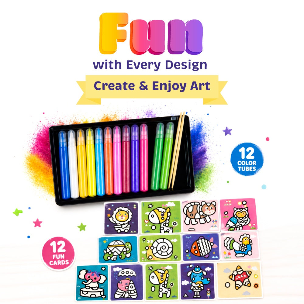DIY Sand Art Activity Kit for Kids, Animal Themed Kit with 12 Fun Sand Colours, 12 Stickers Cards & 2 Bamboo Tools, Mess Free Art & Craft Kit for 4-8 Years Kids, Best Birthday/Return Gift