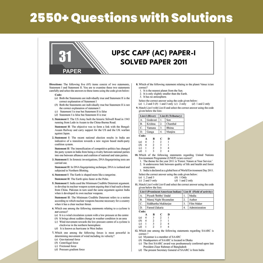 UPSC CAPF AC Central Armed Police Forces Assistant Commandant 16 Previous Year Solved Papers I & II (2026-2011) For BSF, CRPF, CISF, ITBP, SSB 2027 Exam 2027 | 2550+ PYQs