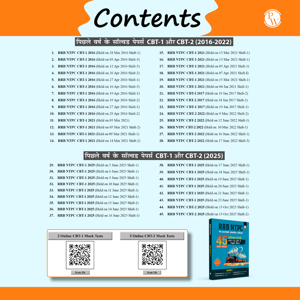 PW RRB NTPC PYQ -45 Previous Year Solved Papers CBT - I & CBT - 2 (2016 - 2025) PYQ Graduate Level For 2026 Exam l Free 7 Online Mock Tests Hindi Medium