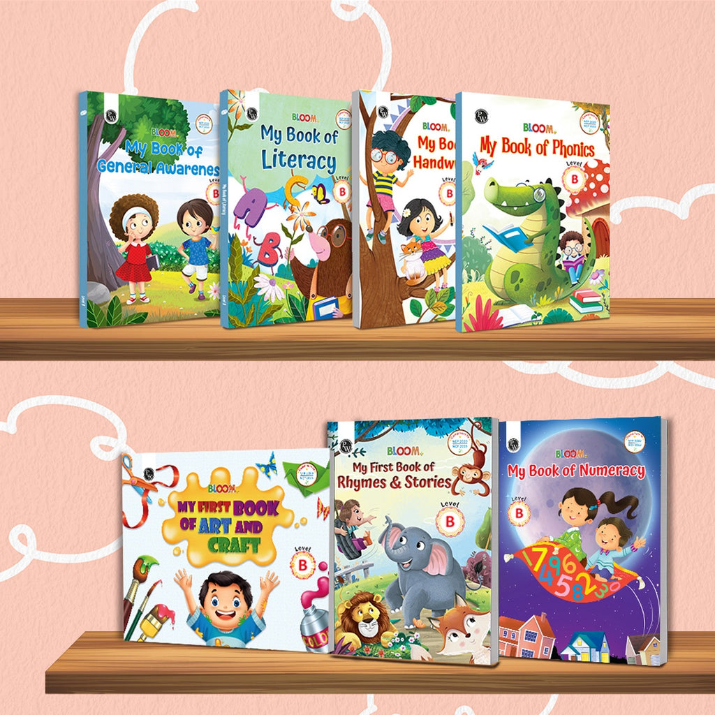 Bloom Series For LKG (Level B) Set of 9 Books | Phonics, Literacy, Numeracy, Art & Craft, Handwriting, General Awareness, English Rhymes & Stories