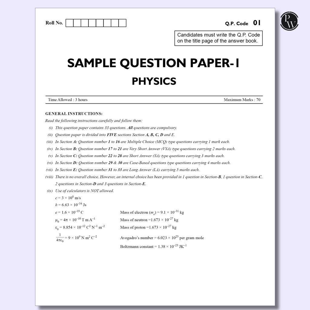 CBSE 12 Sample Question Papers Class 12 Physics For 2026 Board Exam (As Per Latest SQP Dated 30 July 2025) | 2025 Solved Paper, Mind Maps, Stepwise Marking