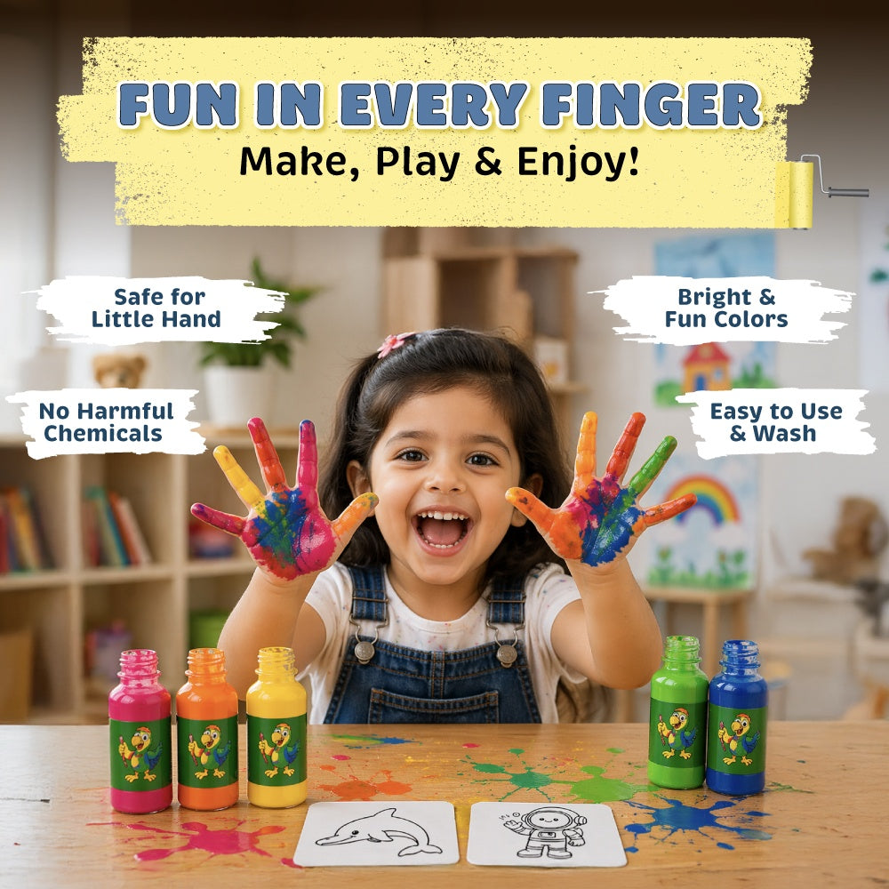Finger Paint Art Kit for Kids, 8 X 50ml Colours & Drawing Cards, Washable, Safe & Non-Toxic Kit for Toddlers, Mess Free Paint for Kids 2-5 Years, Best Birthday/Return Gift