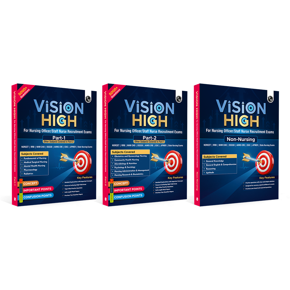 Nursing Books Vision High Combo Set of 3 Books | 5000+ Questions with PYQs, Detailed Explanations | For NORCET, RRB, NHM CHO, DSSSB, AIIMS CRE, ESIC, JIPMER Exams