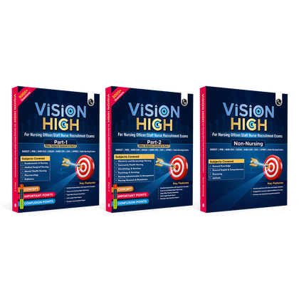 Nursing Books Vision High Combo Set of 3 Books | 5000+ Questions with PYQs, Detailed Explanations | For NORCET, RRB, NHM CHO, DSSSB, AIIMS CRE, ESIC, JIPMER Exams