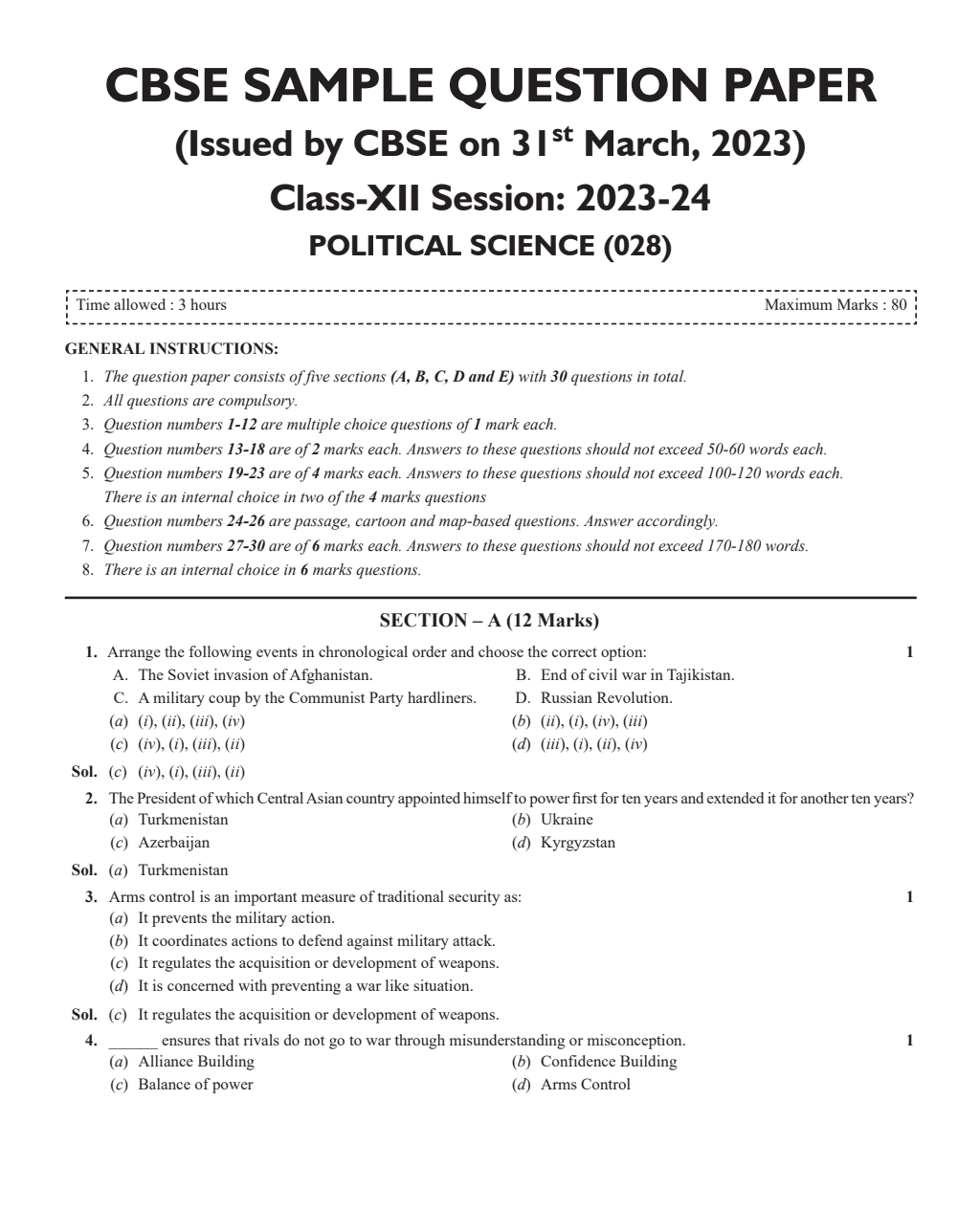 CBSE 11 Sample Question Papers Class 12 Political Science for 2024 Exam (Mock Test Paper) Adhering to Competency - Based Learning | Embedded Videos and Cheat Sheet for Revision | PYQ 2023 Solved Paper