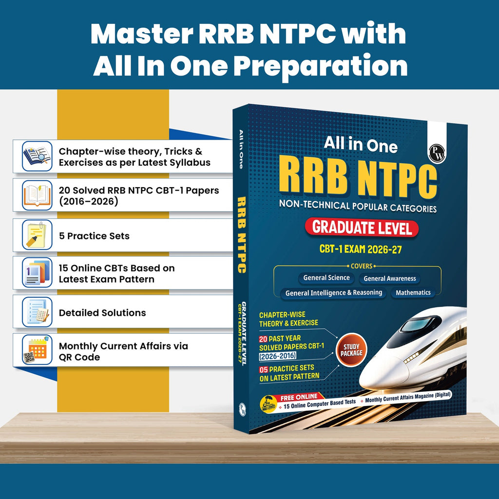 PW All in One RRB NTPC Book Graduate Level CBT 1 for 2026-27 Exam | 20 Solved PYQs | Chapterwise Theory, Short Tricks and Exercises | 10 Practice Sets | English Edition