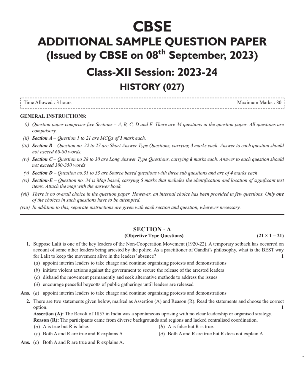 CBSE 11 Sample Question Papers Class 12 History for 2024 Exam (Mock Test Paper) Adhering to Competency - Based Learning | Embedded Videos and Cheat Sheet for Revision | PYQ 2023 Solved Paper