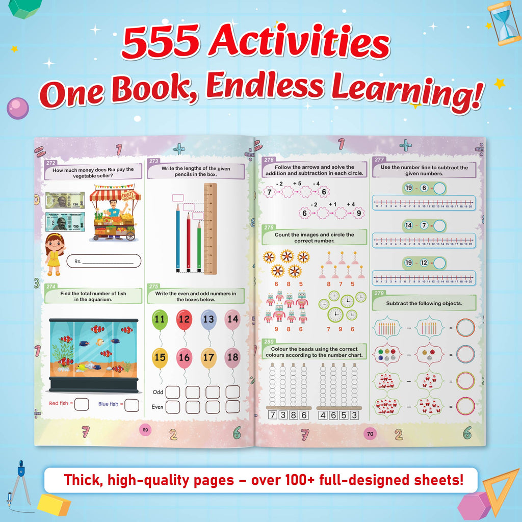 555 Maths Activity Book For Kids-  Brain Games For 5+ Years Old Kids -  Puzzles, Colorful Games, Shapes, Numbers, Time, Word Problems, Additions, Subtractions,Questions for-PW Kids