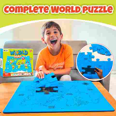 World Map Puzzle Kit for Kids | Learn Continents, Oceans, Top 10 Largest Countries & Volcanoes | Interactive STEM Geography Toy with 200+ Facts, DIY Volcano Experiment, Flags, Cutouts & More – Age 8+