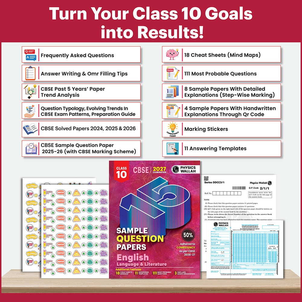 PW 15 CBSE Sample Papers Class 10 English Language & Literature For 2027 Board Exam (New Pattern) | CBSE Like Question Booklet and Answer Sheets, Marking Stickers