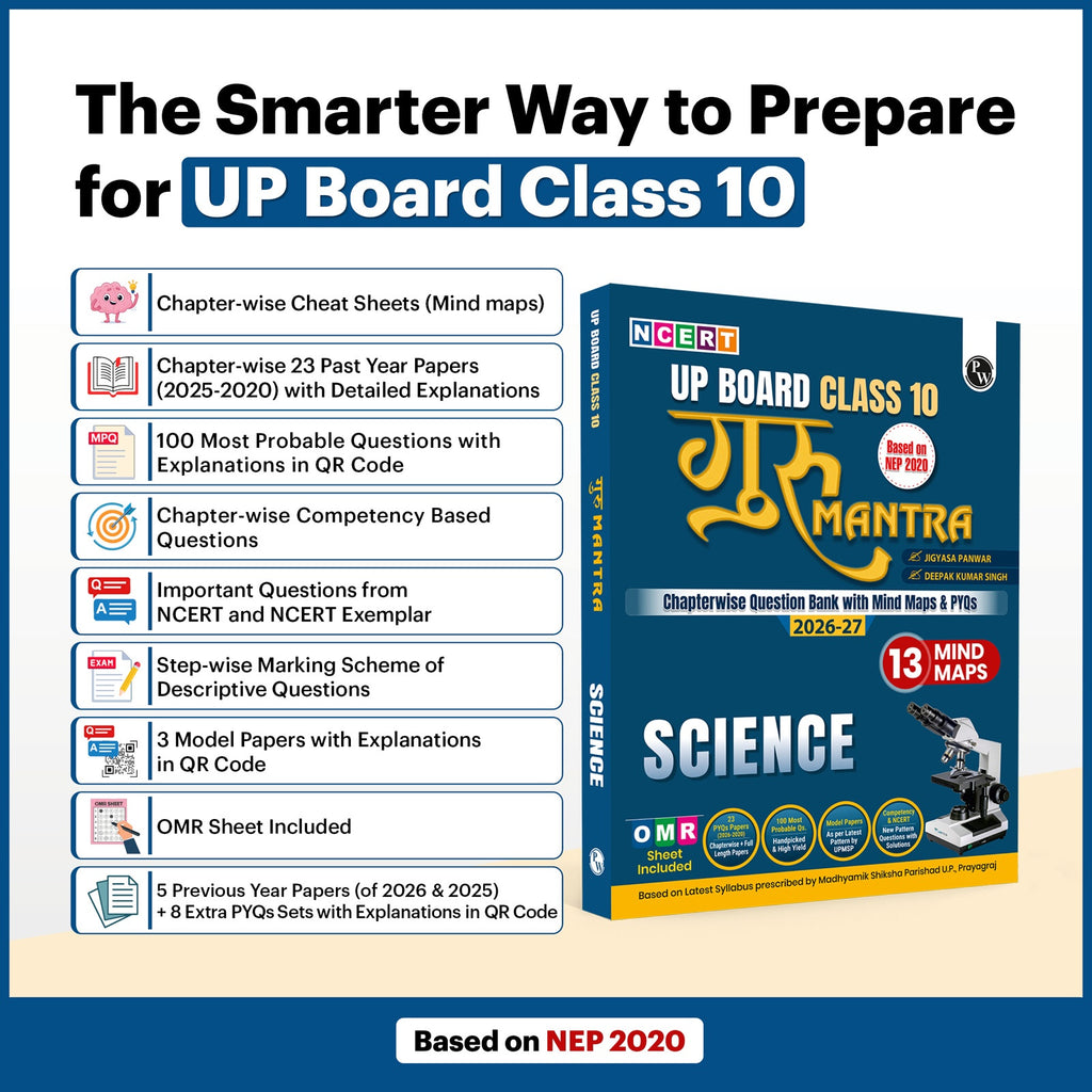 PW UP Board Class 10 Question Bank Science Guru Mantra By Jigyasa Panwar Mam & Deepak Sir For 2026-27 Exam | NEP 2020 | Chapter-wise NCERT Exercises with Mind Maps & PYQs