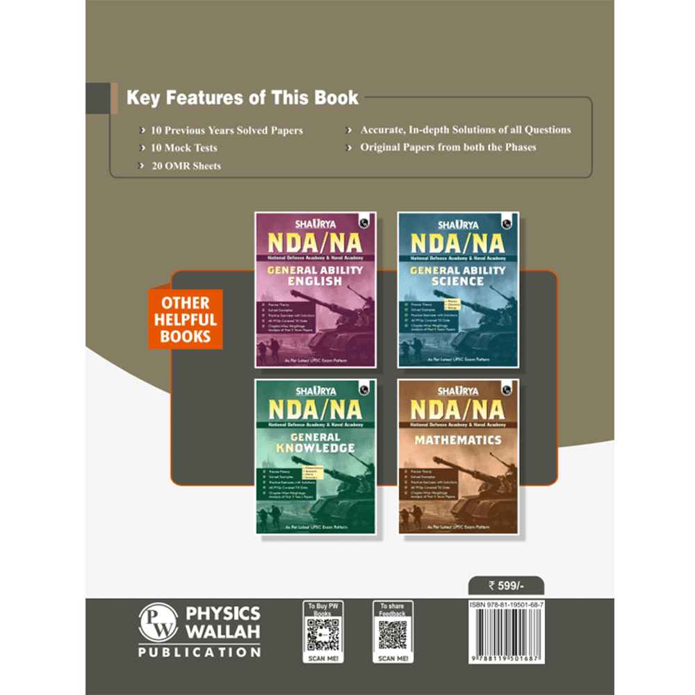 NDA/NA National Defence Academy Naval Academy Mathematics and General Ability -10 Mock Tests and 5 Previous Year Solved Papers 2019-2023 of Phase I and II with 20 OMR Sheets