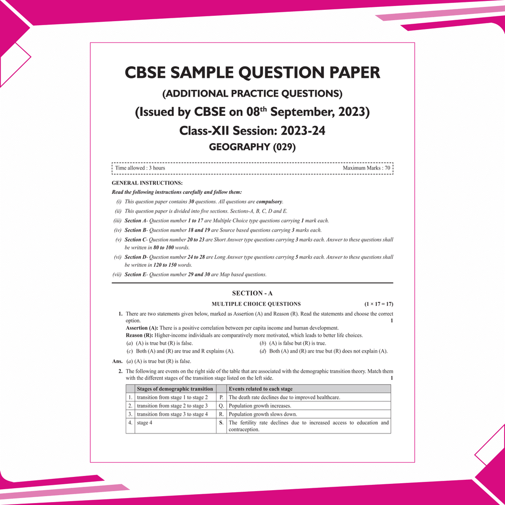 CBSE 11 Sample Question Papers Class 12 Geography for 2025 Exam | Competency-Based Learning | PYQ 2024 with Topper's Explanations, CBSE SQP & CBSE Practice Questions