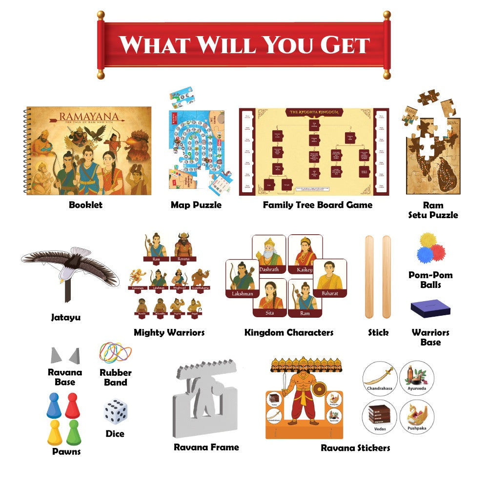 Ramayana – The Tale of Ram & Sita Kit for Kids, 6-in-1 Fun Activity & Family Board Game, Diwali Kit, Learn 100+ Ramayana Facts with Puzzles, Booklet, Family Tree, Gift for Kids Ages 8–14 Years