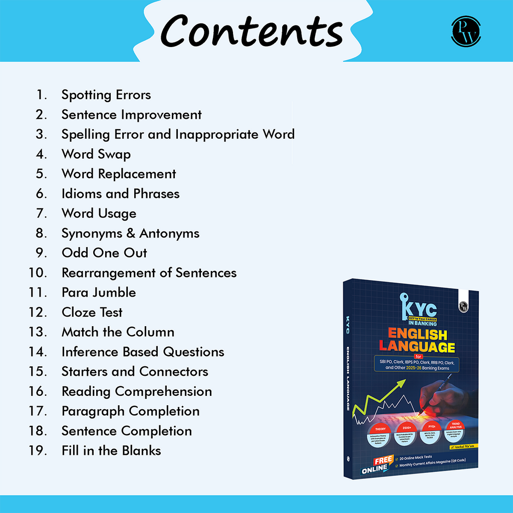 PW KYC English Language | Chapterwise Theory, Exercise, Past Year Questions (PYQ) By Anchal Sharma For SBI PO, Clerk, IBPS PO, Clerk, RBI & Other Banking Exams 2025- 26 | Free 20 Online Tests