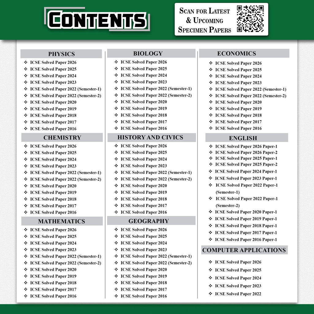 ICSE Class 10 PYQs - Past 10 Years Solved Papers (2026-2016) For 2027 Exams | Physics, Chemistry, Maths, Biology, Economics, History & Civics, Geography, CA, English Paper 1 & 2