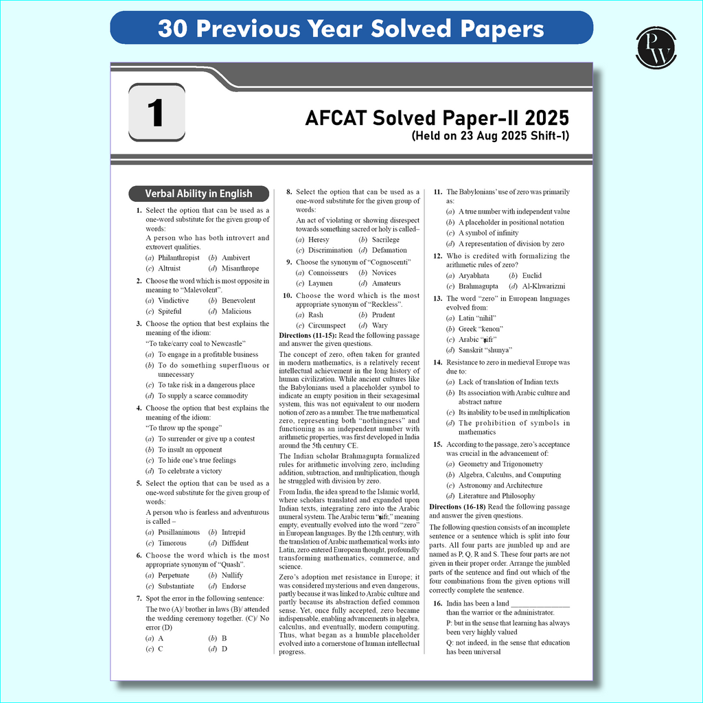 30 AFCAT Previous Years' Solved Papers (2025 - 2011) with August 2025 Paper For Flying, Technical & Ground Duty (Non-Technical) Branches 2026 Exam | PYQs | 10 Practice Sets