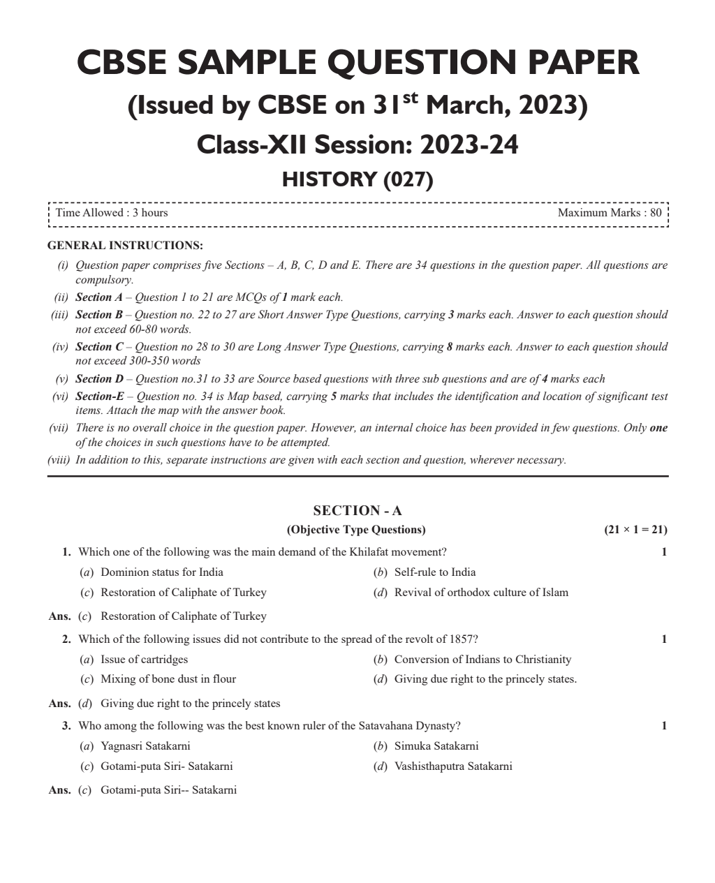 CBSE 11 Sample Question Papers Class 12 History for 2024 Exam (Mock Test Paper) Adhering to Competency - Based Learning | Embedded Videos and Cheat Sheet for Revision | PYQ 2023 Solved Paper