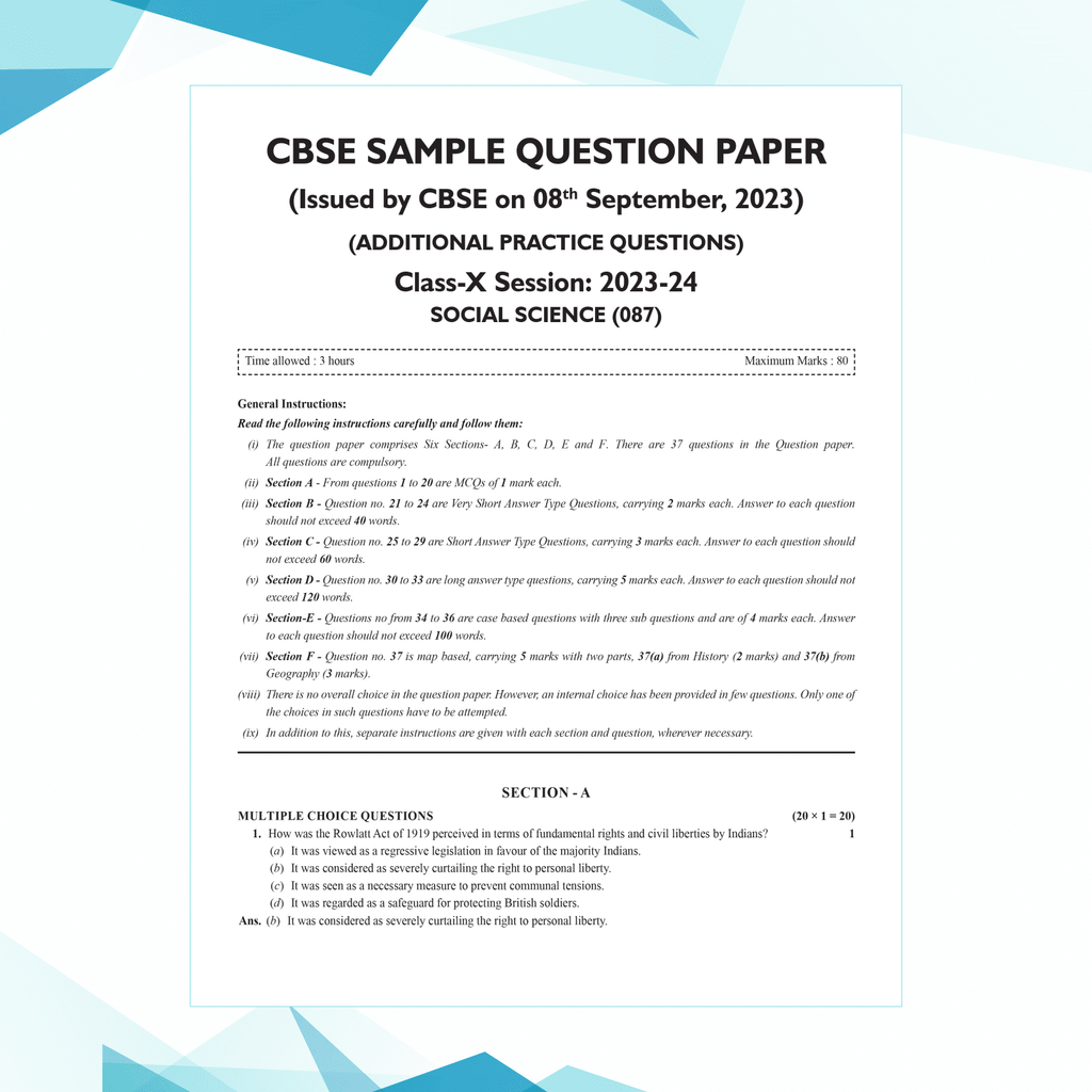 CBSE 15 Sample Question Papers Class 10 Social Science for 2025 Exam | Competency-Based Learning | PYQ 2024 with Topper's Explanations, CBSE SQP & CBSE Practice Questions