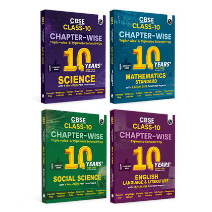 CBSE Class 10 Chapter-wise, Topic-wise & Typewise 10 Years Solved PYQs (2026-2016) Science, Maths (Standard), Social Science & English Language & Literature Combo Set of 4 Books with 5 Multiple Sets of 2026 For 2027 Board Exams