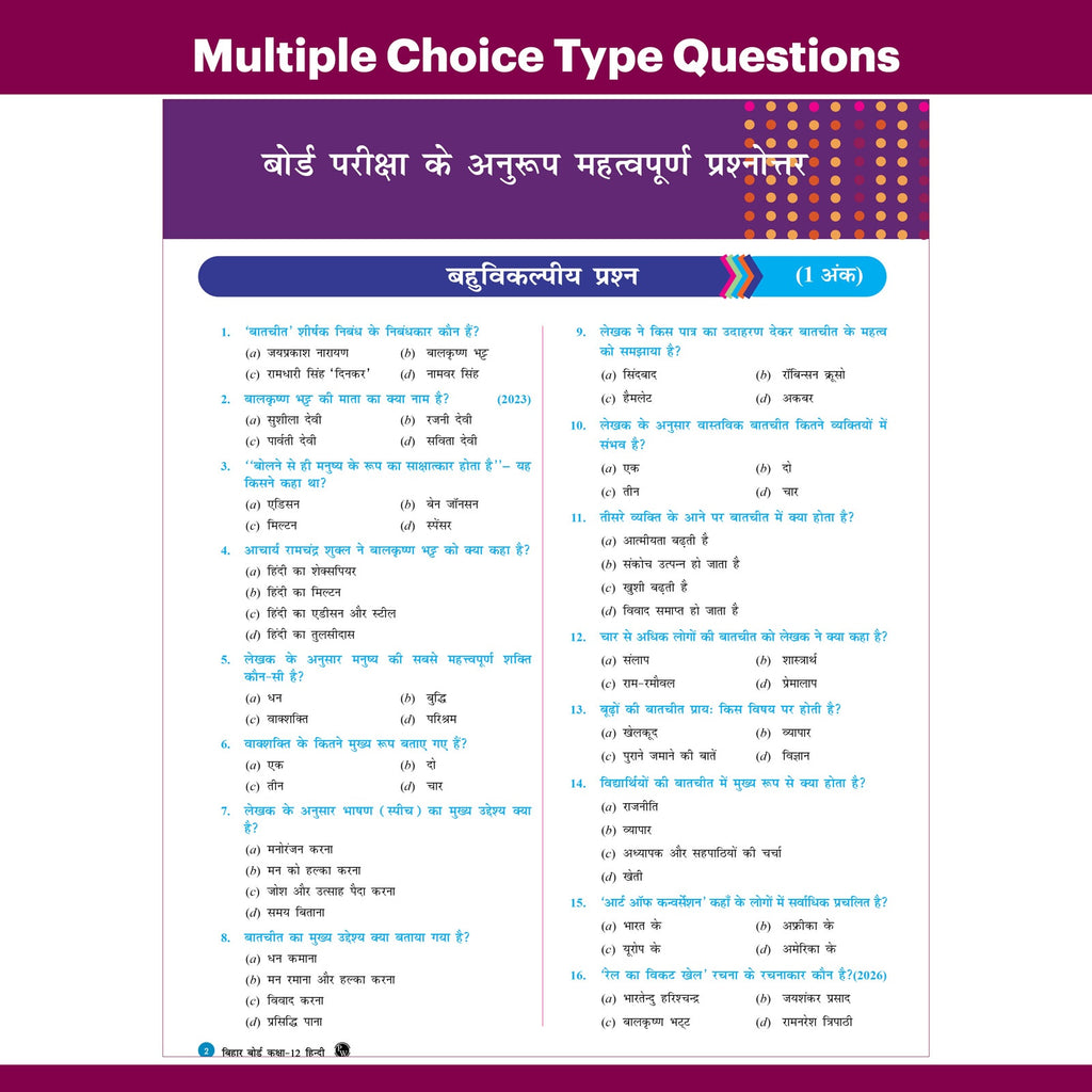 Bihar Board Class 12 Question Bank Hindi JEET Guess Papers & Question Bank By Dinesh Shaswat For 2026-27 Exam | Chapterwise Theory & Previous 10 Years Questions, Model Papers with OMR