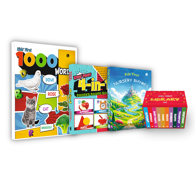 Kids Combo Set of 4 | First Library Box of 10 Board Books + Kids First Nursery Rhymes Padded Board Book + Kids First 4 in 1 Padded Board Book + First 1000 Words Book | Gift for Children Age 1, 2, 3, 4, 5 Years