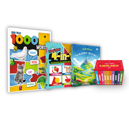 Kids Combo Set of 4 | First Library Box of 10 Board Books + Kids First Nursery Rhymes Padded Board Book + Kids First 4 in 1 Padded Board Book + First 1000 Words Book | Gift for Children Age 1, 2, 3, 4, 5 Years