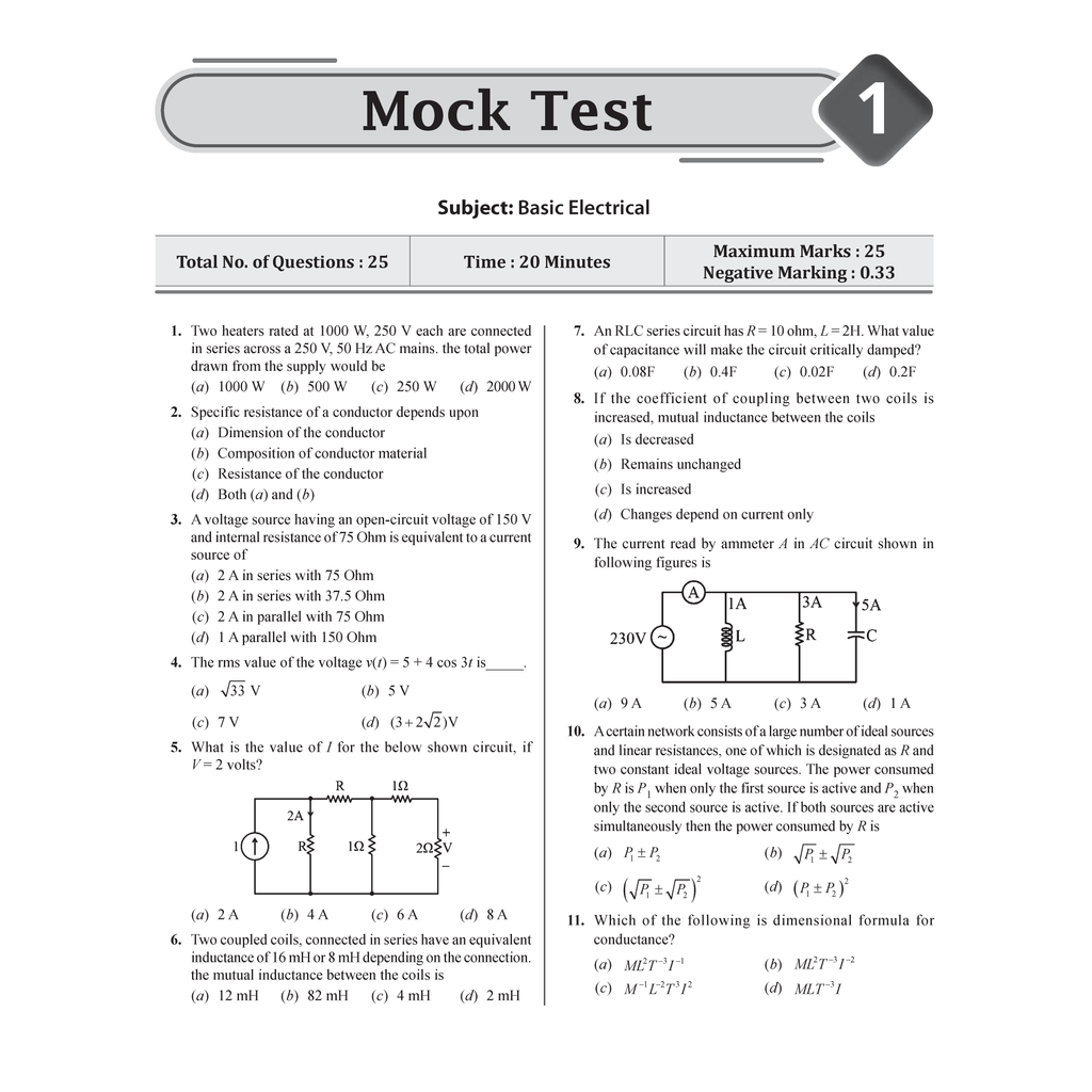 SSC JE Electrical Engineering (Paper I) 15+ Mock Tests & Full Length Tests for Each Subject | 2000+ Practice Questions with Detailed Explanation