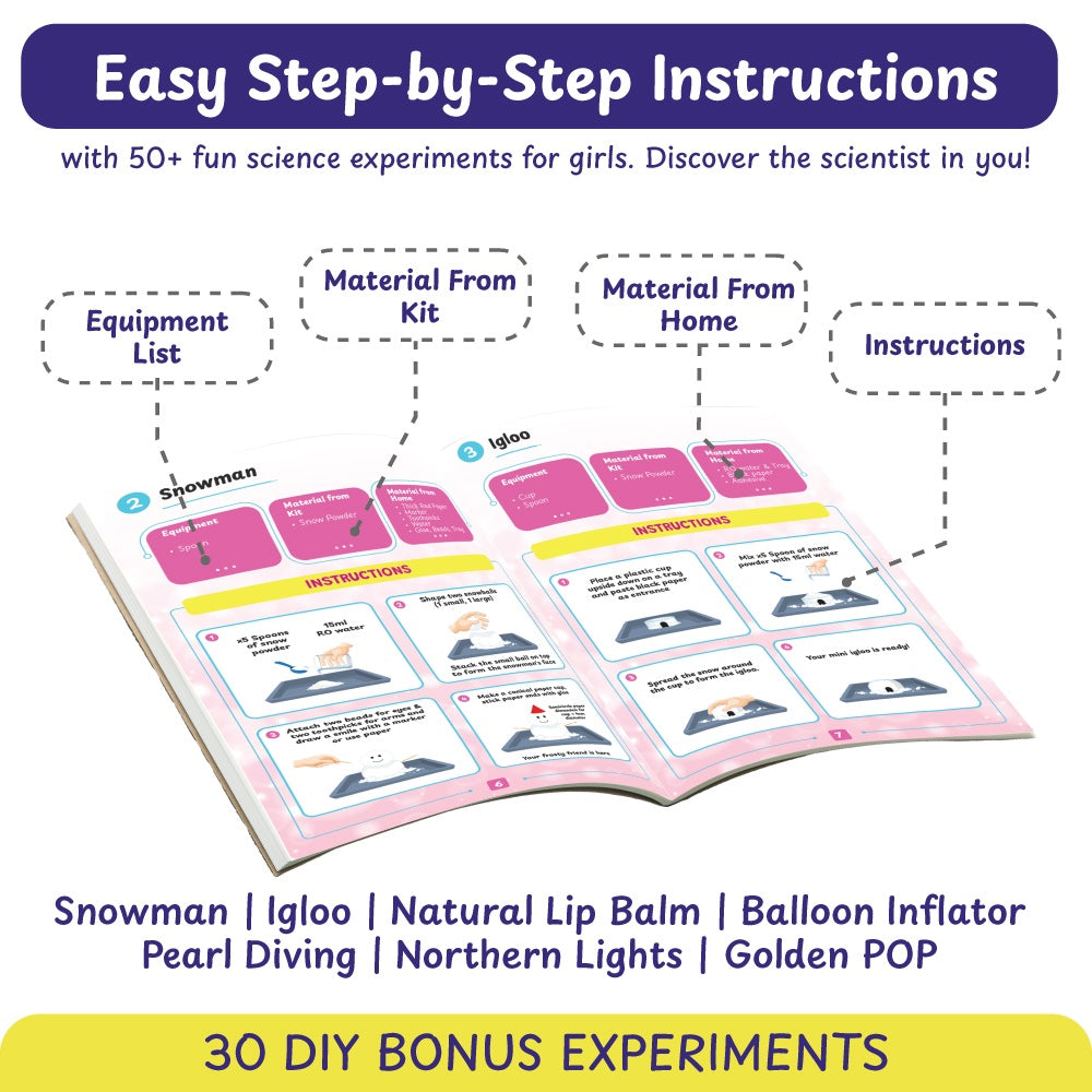 Girls Science Kit for Kids 4+ Years, 50+ STEM Experiments with Instruction Manual & 30 DIY Bonus Experiment, Educational Learning Toy