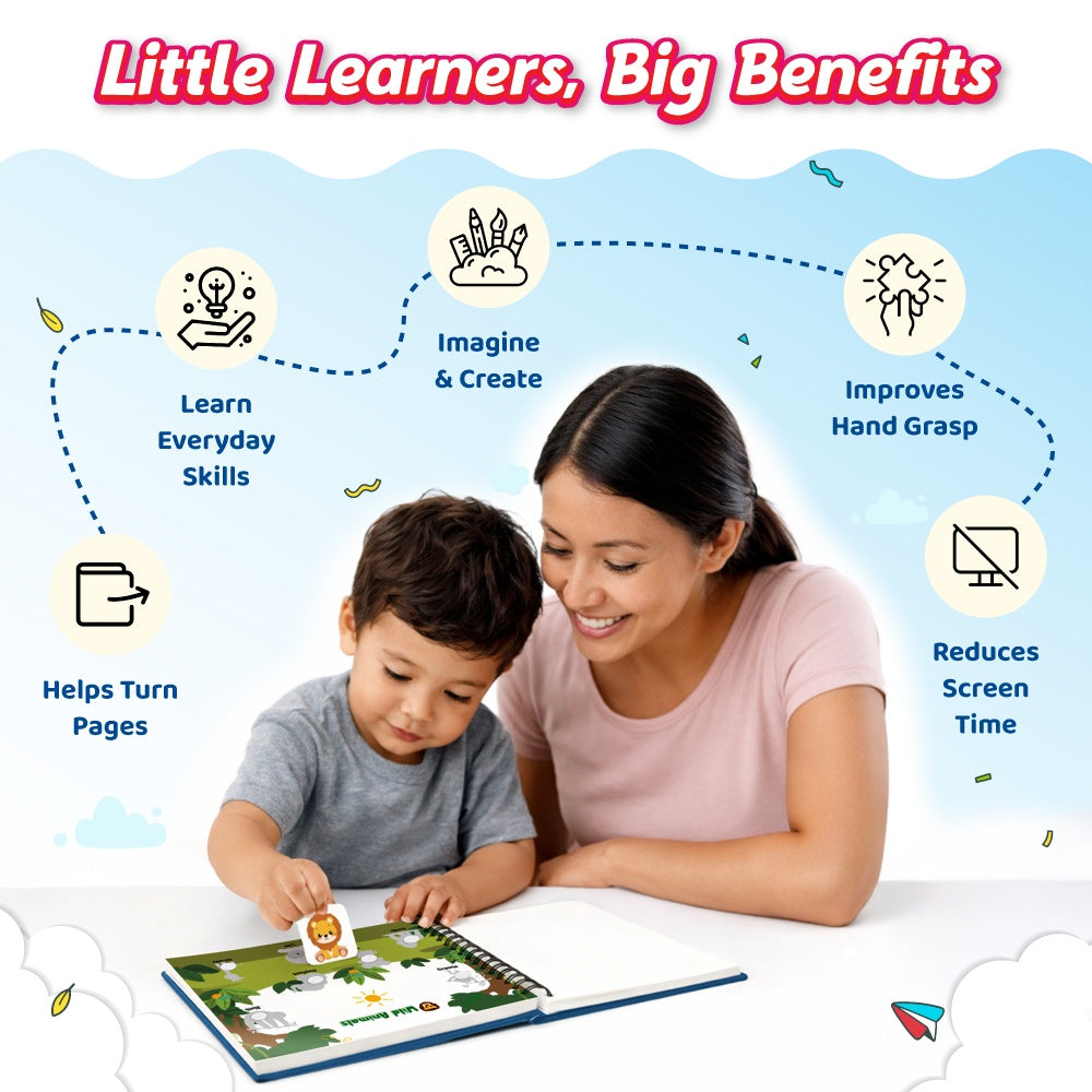 Pick & Stick Velcro Learning Activity Book For Kids | Busy Book Level 1 For 2+ Years Old Toddlers | Montessori DIYs, Skill Builder, Numbers, Alphabets, Body Parts, Colors, Travel Vehicles, Kids Gifts