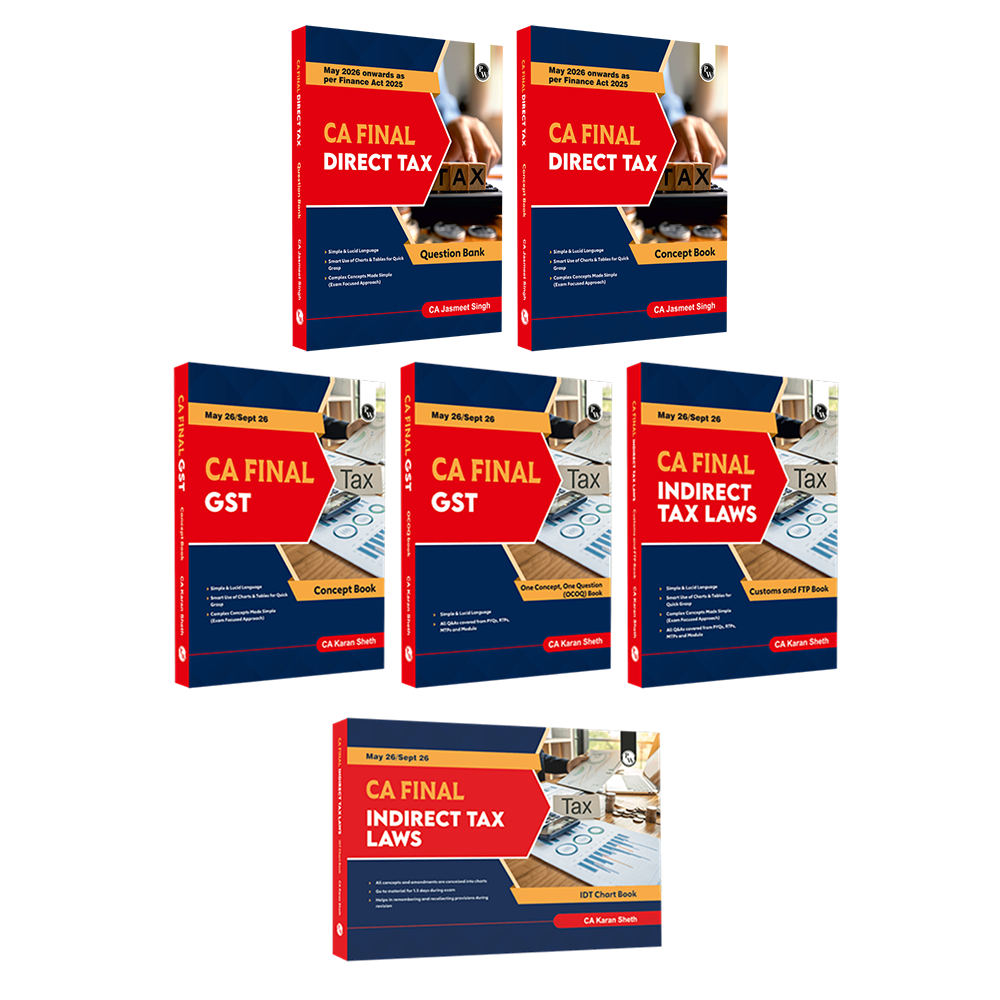CA Final Group 2 Combo Set of 6 Books-Indirect Tax Laws, GST Concept, Customs, IDT Chart, One Concept, One Question (OCOQ) Q&A By CA Karan Sheth, Direct Tax Concept Book & Question Bank By CA Jasmeet Singh