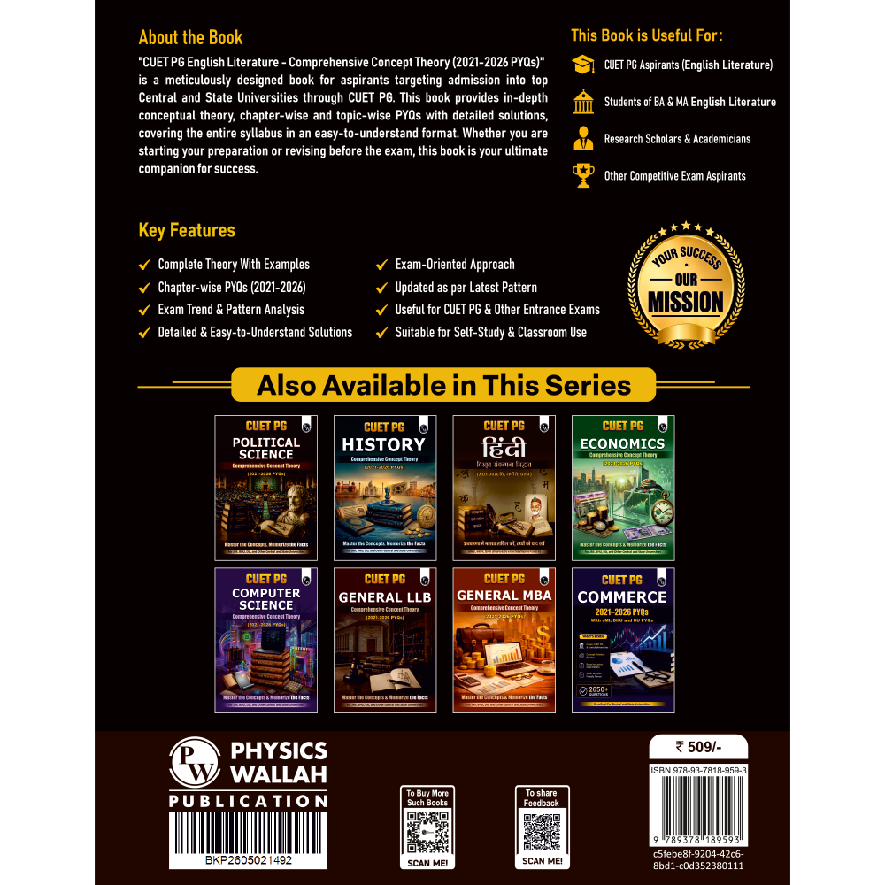 PW CUET PG English Literature PYQ 6 Years and  Concept Theory Book (2026-2021) | Ideal for JMI, BHU, DU, & Other Central & Universities