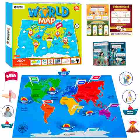 World Map Puzzle Kit for Kids | Learn Continents, Oceans, Top 10 Largest Countries & Volcanoes | Interactive STEM Geography Toy with 200+ Facts, DIY Volcano Experiment, Flags, Cutouts & More – Age 8+
