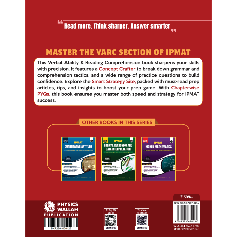 PW IPMAT Verbal Ability and Reading Comprehension Book | Topicwise Coverage | Chapterwise PYQs | 1500+ Questions | 5 Sectional Tests & 5 Full Mock Tests For IPMAT, JIPMAT, NPAT, SET & Other BBA Exams