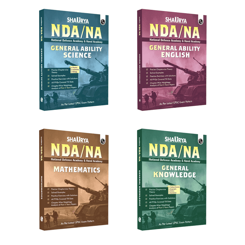 -Shaurya NDA/NA General Ability Mathematics, General Ability Science, General Ability English and General Knowledge Combo Set of 4 Books with Latest 2024 Solved Paper For 2024-25 Examination.