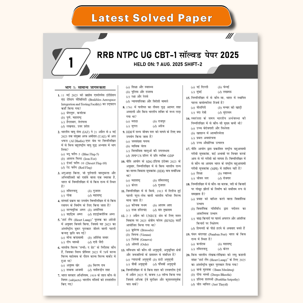 RRB NTPC Undergraduate 30 Previous Year Solved Papers CBT-1 2025 (PYQ) Hindi Medium | 3000+ Questions | 3 Online Mock Tests for Exam 2026