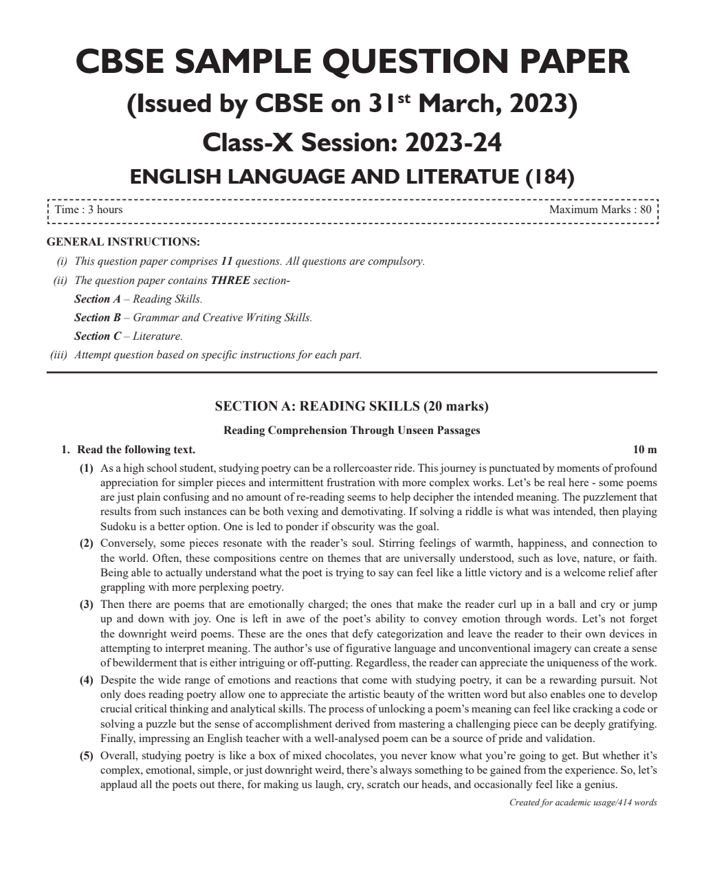 CBSE 15 Sample Question Papers Class 10 English for 2024 exam | PYQ 2023 Paper with Topper's Explanations, CBSE SQP & CBSE Additional Practice Questions with Marking Scheme | Cheat Sheets