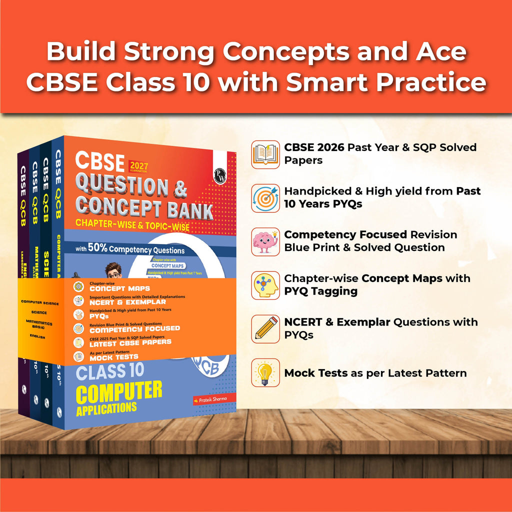 PW CBSE Question & Concept Bank (QCB) Class 10 Science, Maths (Basic), English and Computer Application Combo Set of 4 Books Chapterwise & Topicwise Solved Questions For 2027 Exams