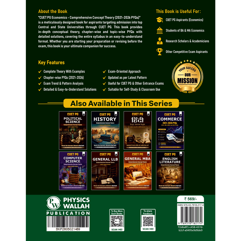 PW CUET PG Economics PYQ 6 Years and Concept Theory Book (2026-2021) | Ideal for JMI, BHU, DU, & Other Central & Universities