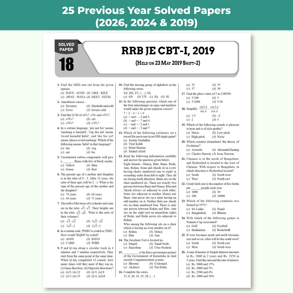 RRB JE (Junior Engineer) CBT-1 PYQ Book For 2026-27 Exams | 25 Previous Year Solved Papers (2026, 2024 & 2019) with 10 Practice Sets on Latest Pattern English Medium